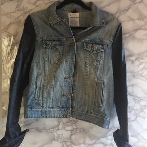 J CREW jean Jacket with Leather sleeves