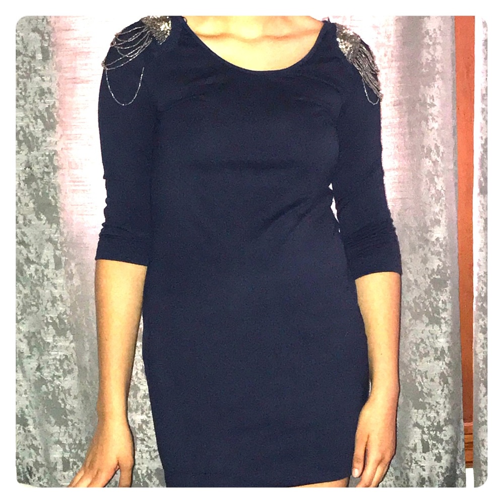 Navy jersey shift dress with shoulder beading