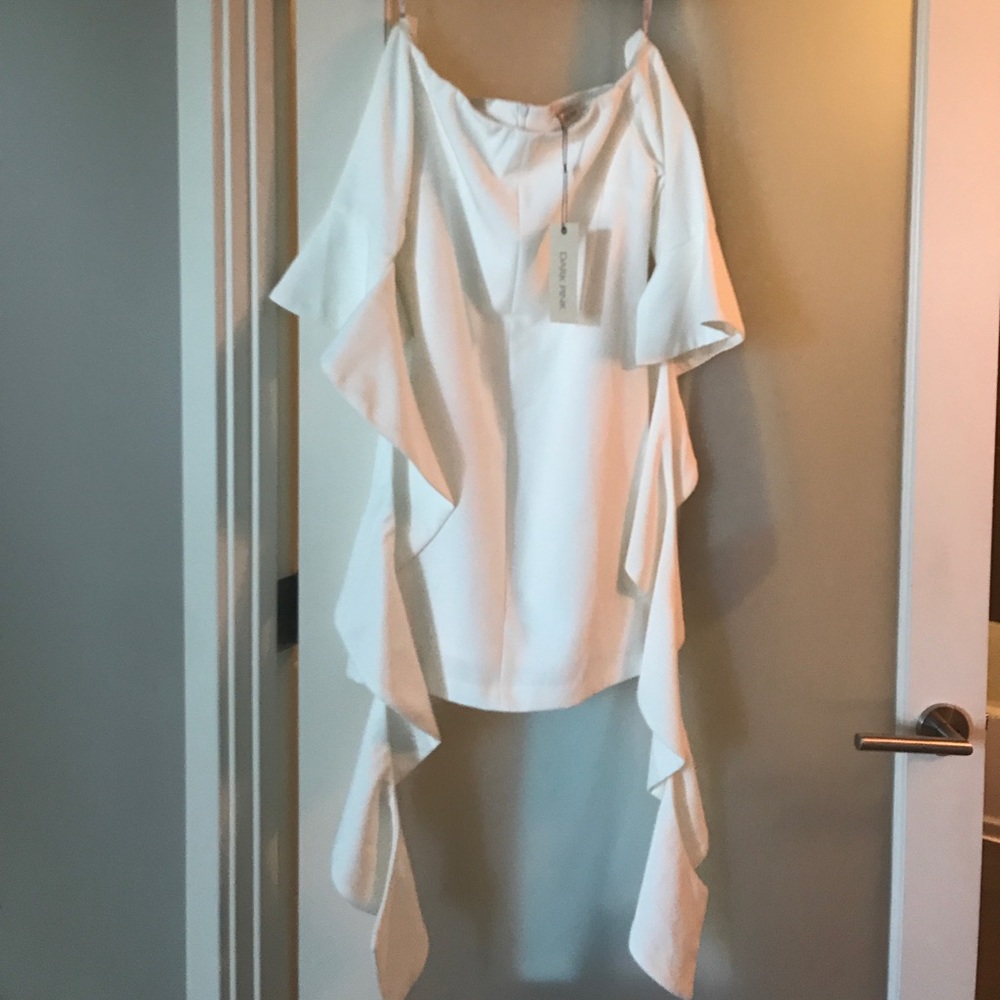 UK Off shoulder cream ruffle sleeve dress ellery