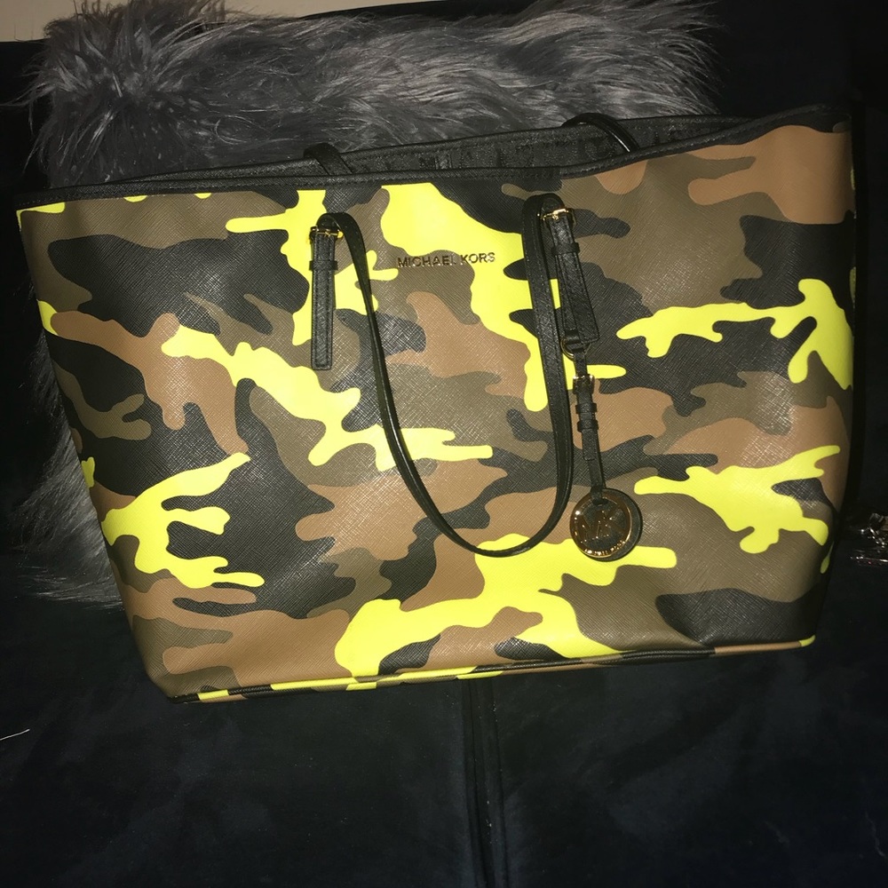 Large Neon Green Camo Michael Kors Tote Bag