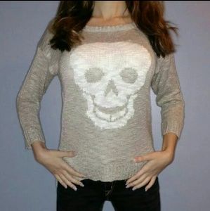 Skull Chiffon Crochet Knit Scoop Neck Sweater S-M