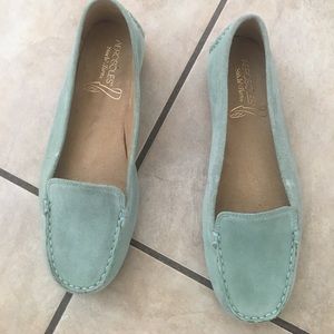 Mint green, suede loafers