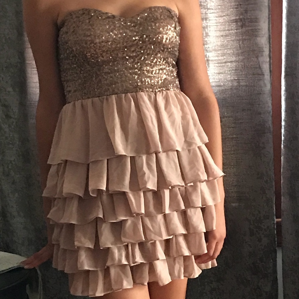 Gold sequin w rose pink ruffle party dress *new*