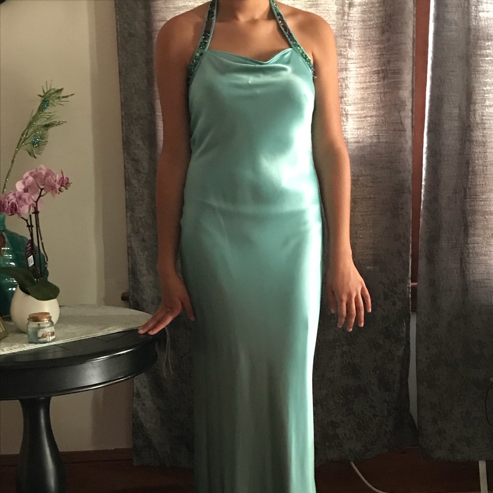 Tiffany blue satin floor length gown