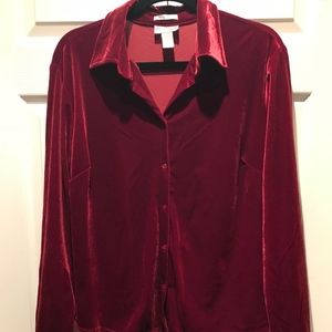 COMFORT WEAR crimson red burn out velvet button up