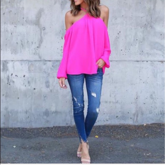 Off Shoulder Halter Front Hot Pink Top - Picture 2 of 5
