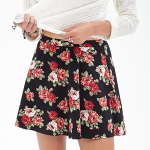 Forever 21 Black Rose Pink Floral Skater Skirt