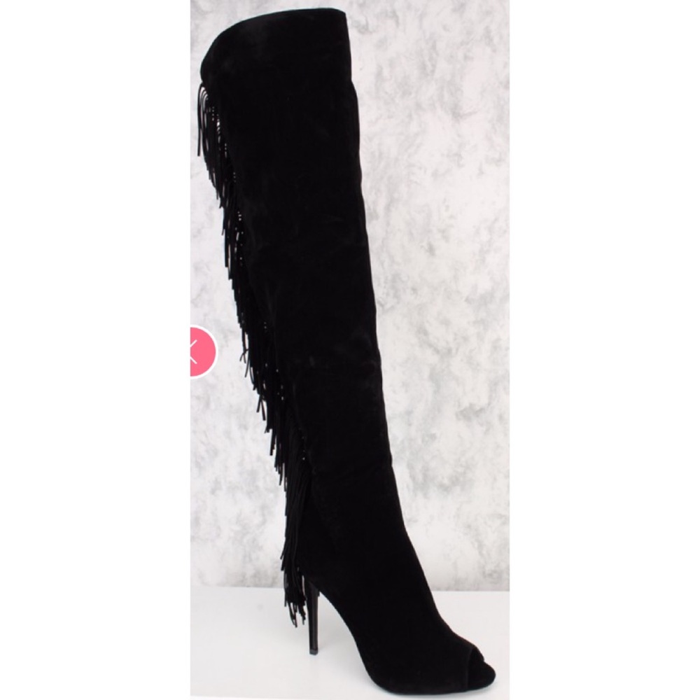 Black Over The Knee Fringe Boots Open Toe