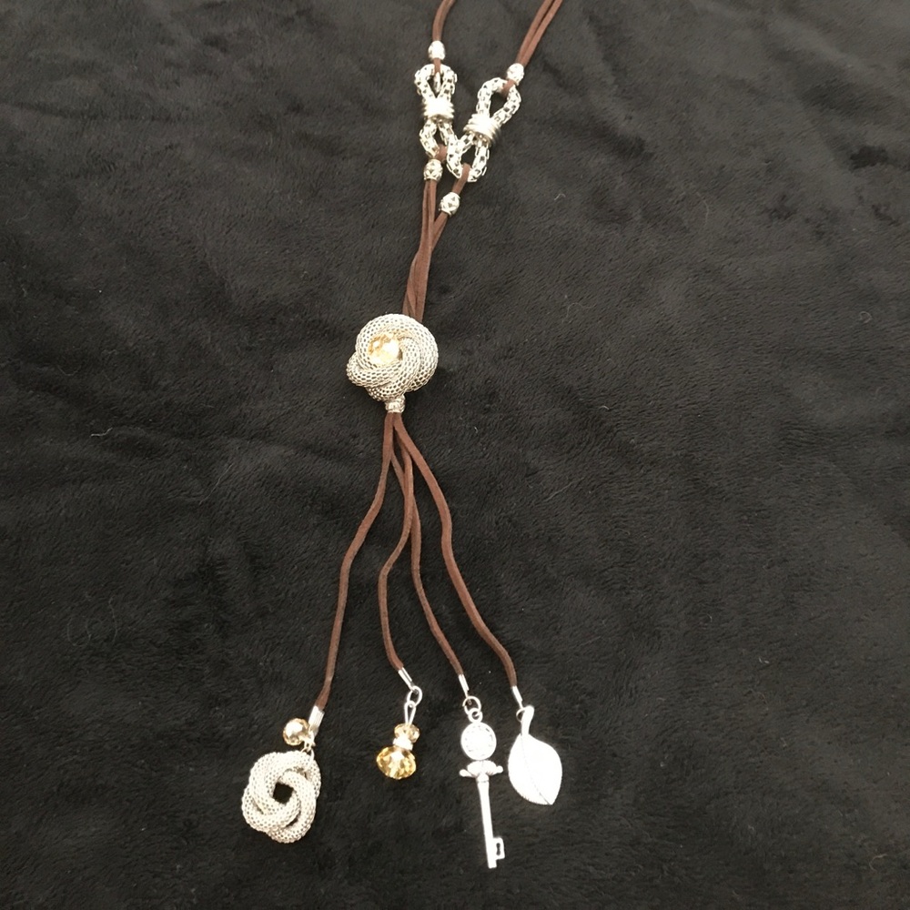 Brown leather long necklace with silver charms