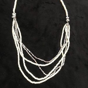 Faux pearl and silver long necklace