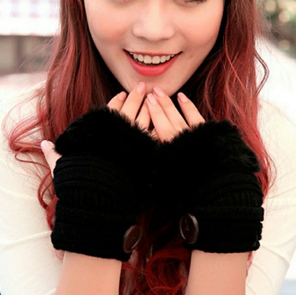 Faux Fur Fingerless Knit Gloves-Black - Picture 2 of 4