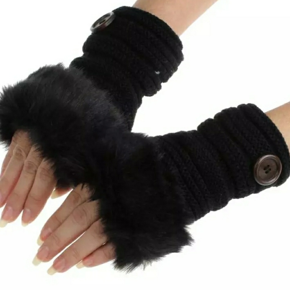 Faux Fur Fingerless Knit Gloves-Black - Picture 3 of 4