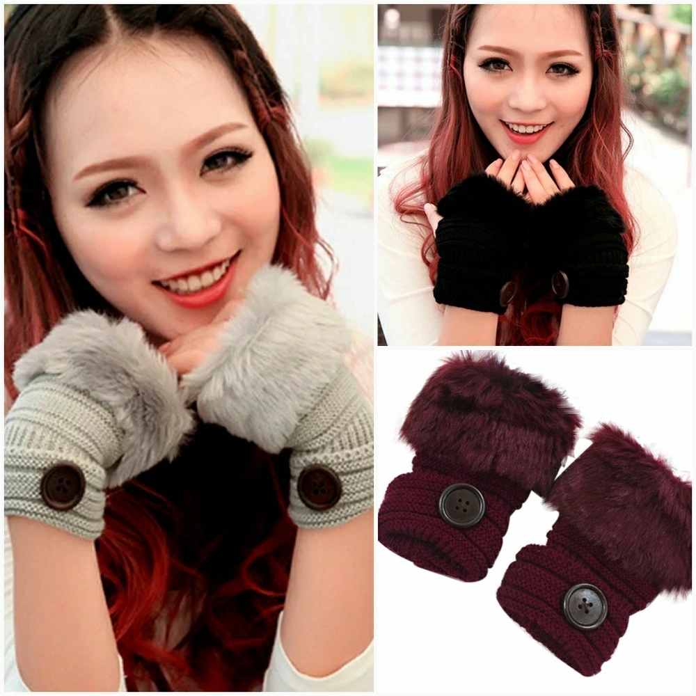 Faux Fur Fingerless Knit Gloves-Black - Picture 4 of 4