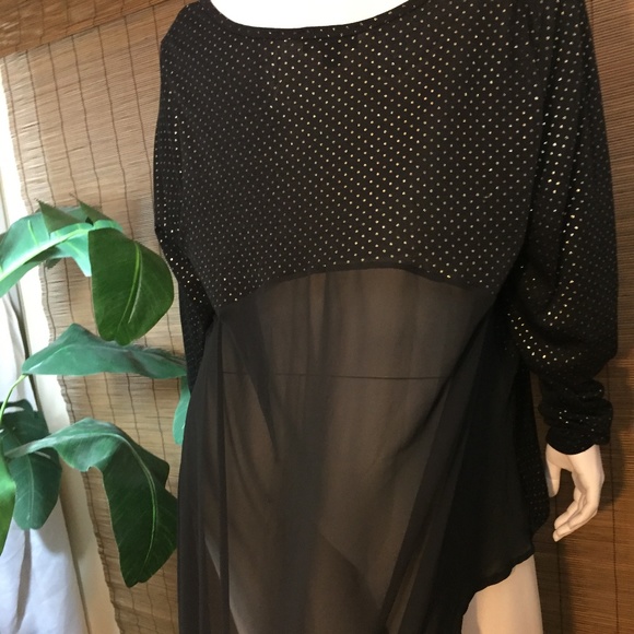 Dressy Black Tunic Gold Polka Dots Sheer Back HiLo - Picture 2 of 4