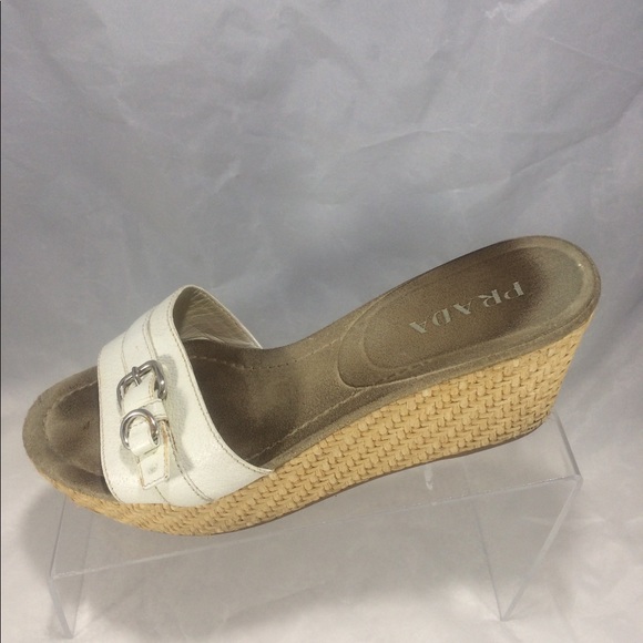 Prada White leather buckle slip on platform wedges - Picture 1 of 8