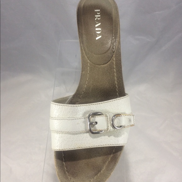 Prada White leather buckle slip on platform wedges - Picture 2 of 8