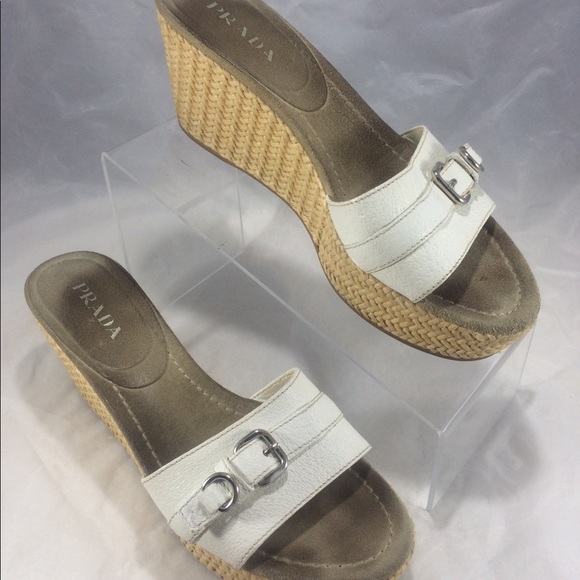 Prada White leather buckle slip on platform wedges - Picture 3 of 8