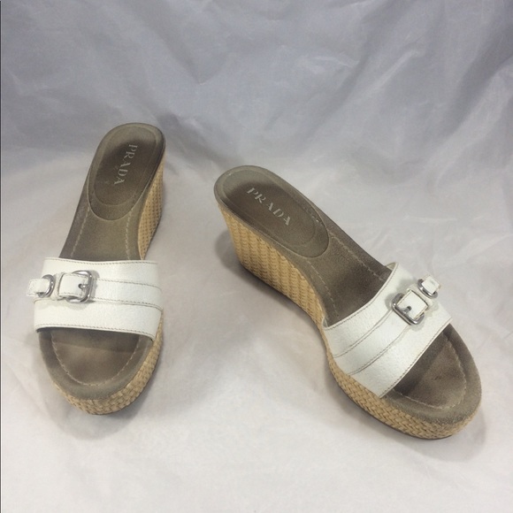 Prada White leather buckle slip on platform wedges - Picture 4 of 8