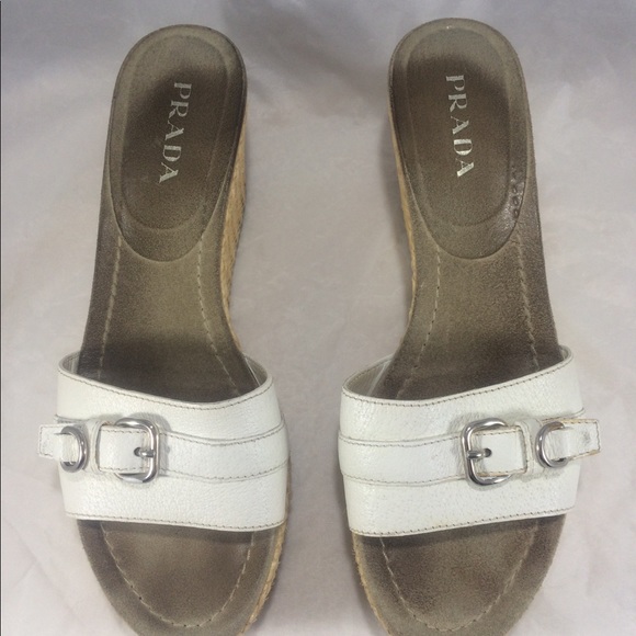 Prada White leather buckle slip on platform wedges - Picture 5 of 8