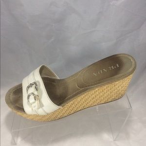 Prada White leather buckle slip on platform wedges