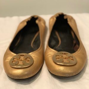 Tory Burch 8.5 Reva Flat - Gold with Gold Logo