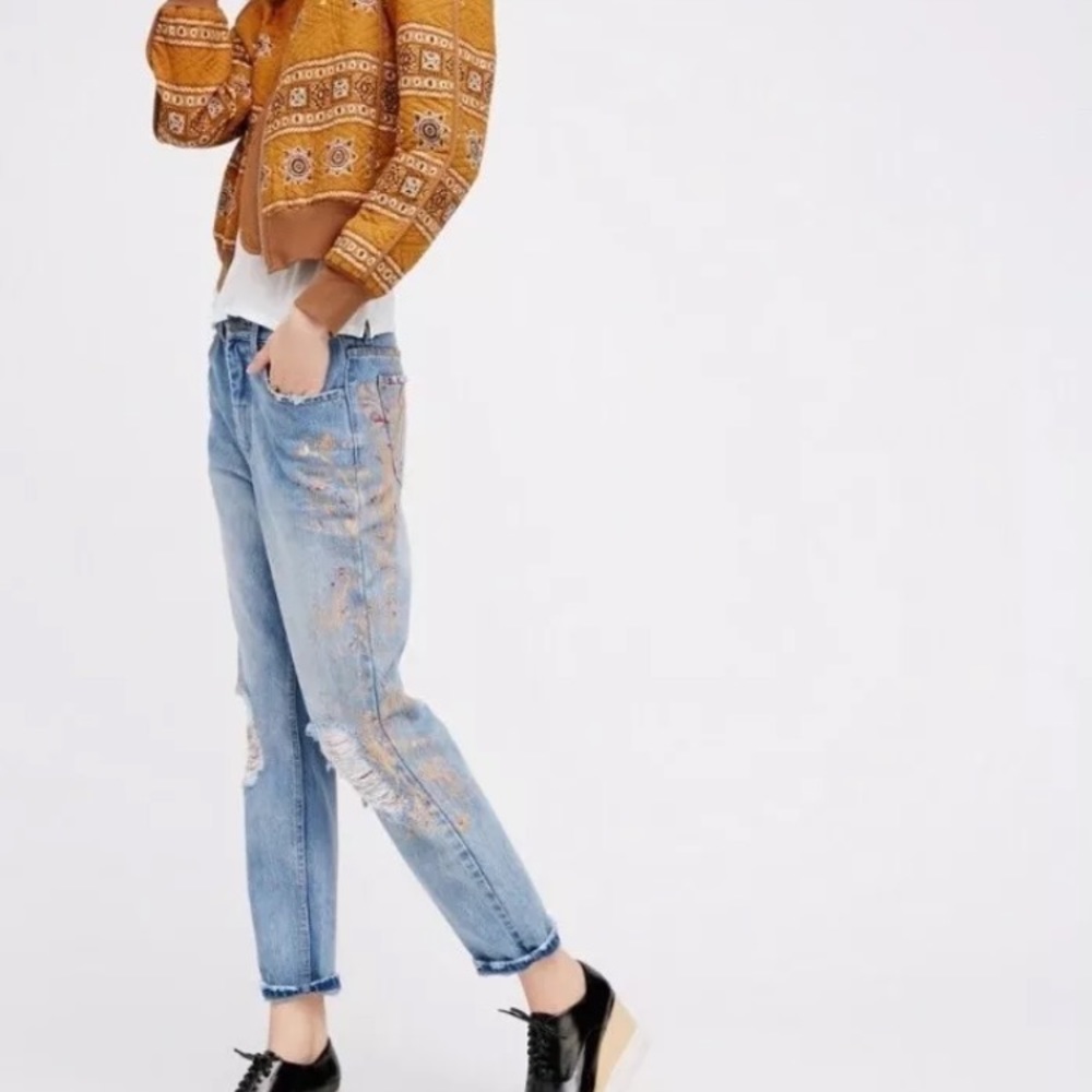 Free People Gold Paint Stencil Distressed Jeans - Picture 1 of 8