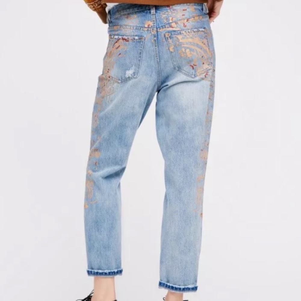 Free People Gold Paint Stencil Distressed Jeans - Picture 2 of 8