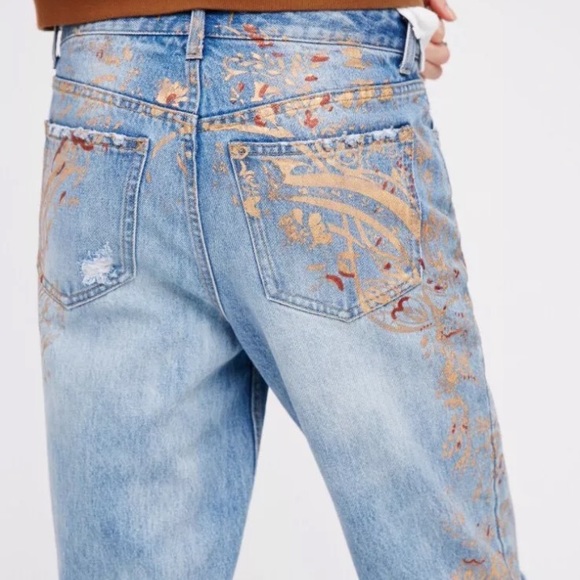 Free People Gold Paint Stencil Distressed Jeans - Picture 4 of 8