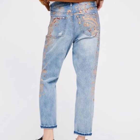Free People Gold Paint Stencil Distressed Jeans - Picture 2 of 8