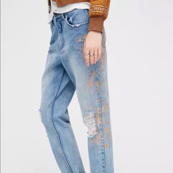 Free People Gold Paint Stencil Distressed Jeans - Picture 3 of 8