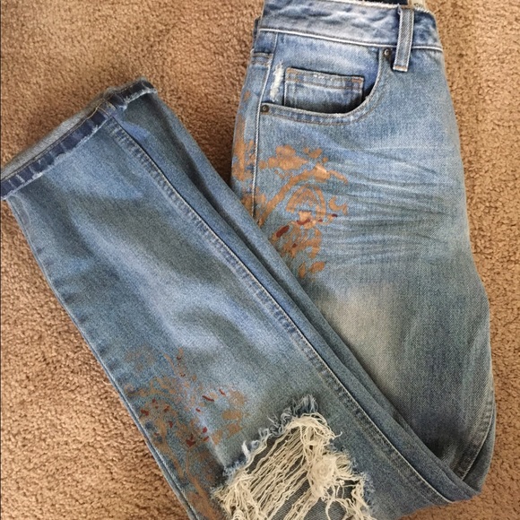 Free People Gold Paint Stencil Distressed Jeans - Picture 6 of 8