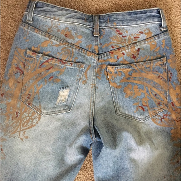Free People Gold Paint Stencil Distressed Jeans - Picture 7 of 8