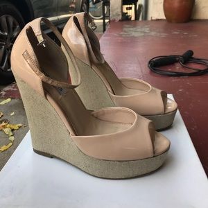 Nude open toe wedge