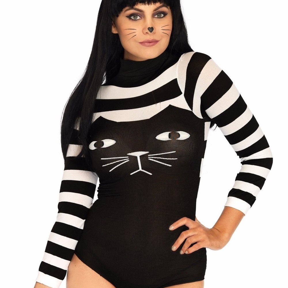 Spandex Striped Cat Bodysuit w/ Gold Stud Cat Ears
