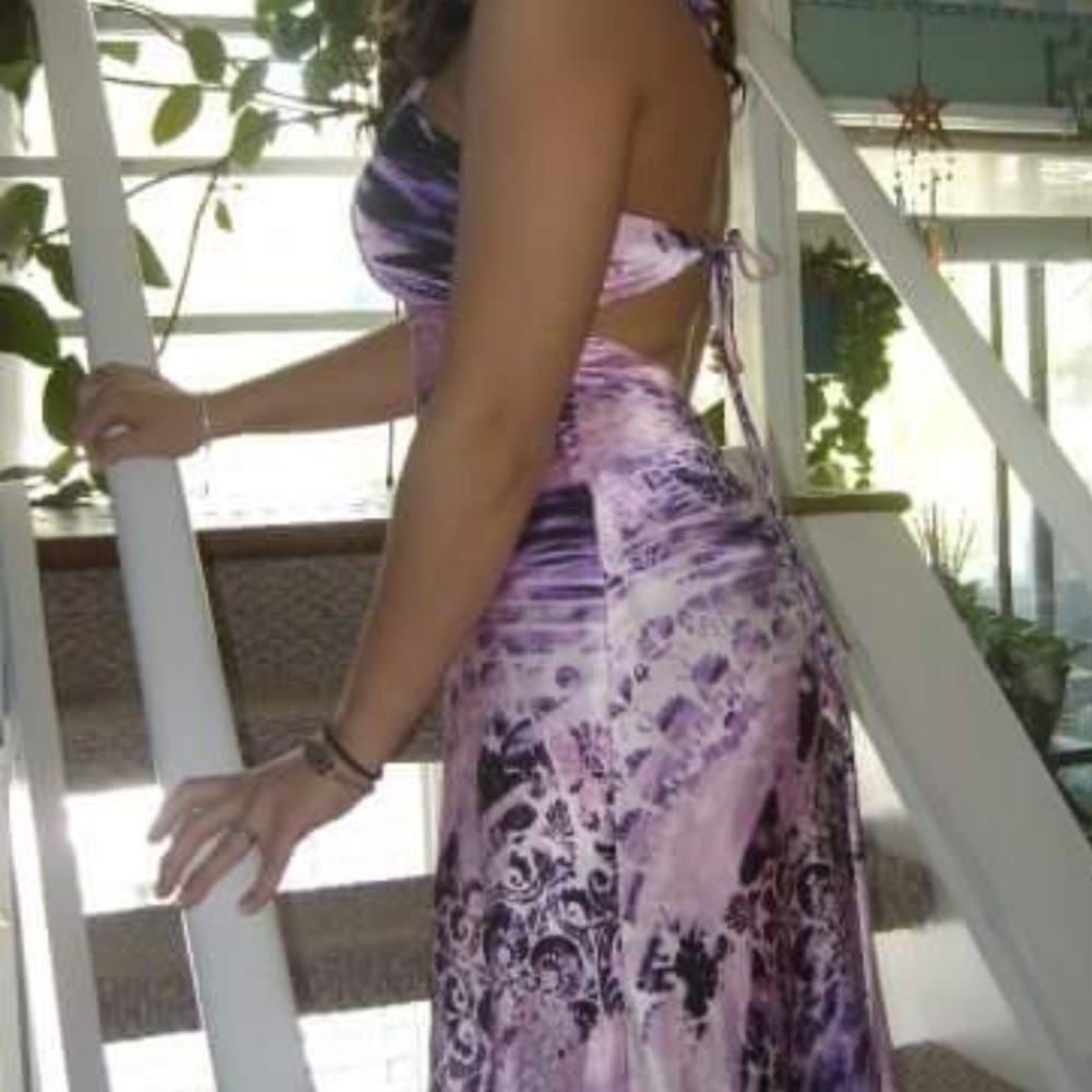 Floor length purple leopard print dress