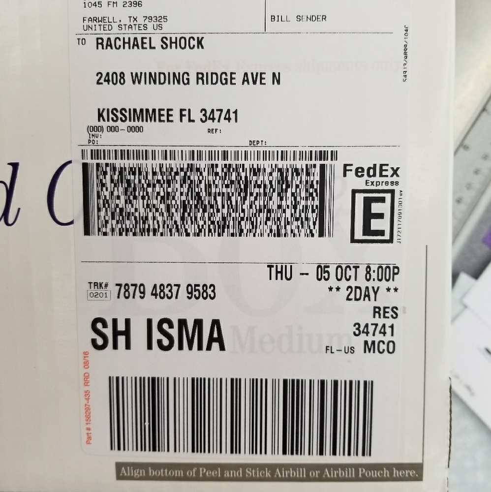 Shipping label for Rachael Shock