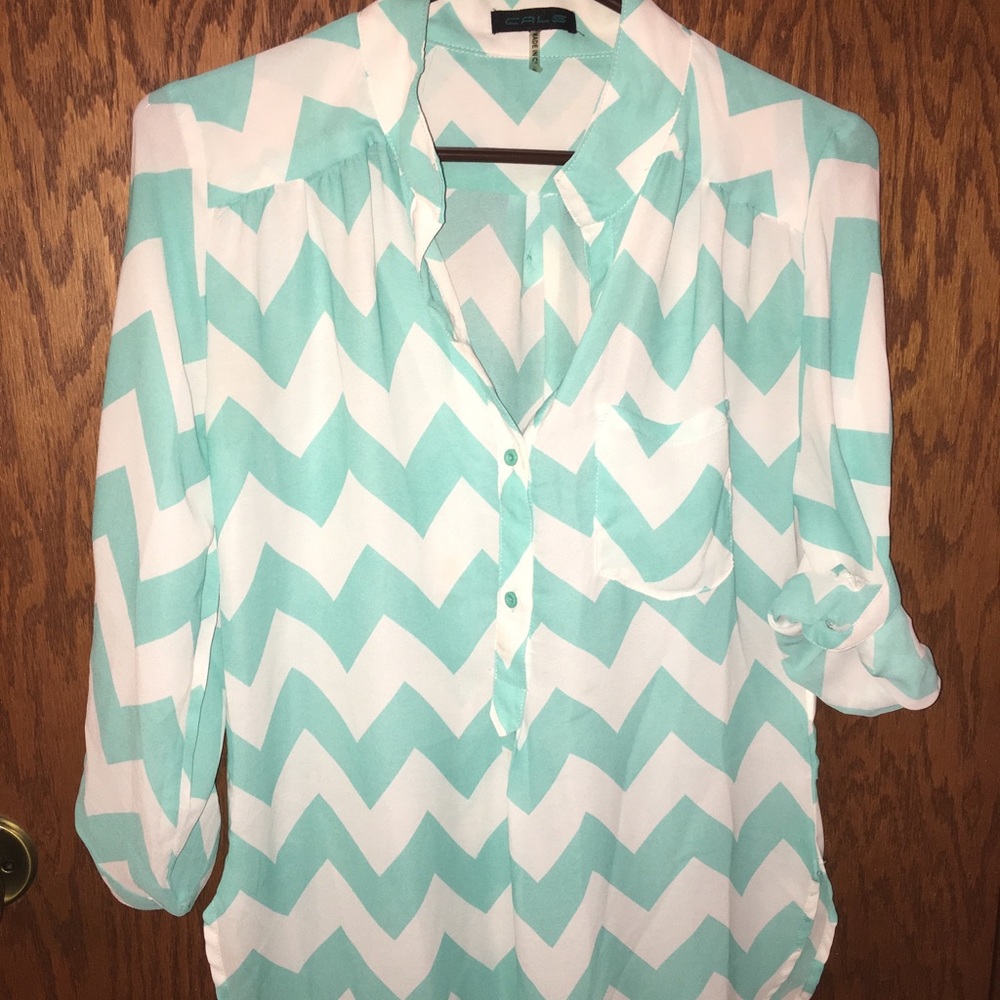 Teal and white chevron blouse