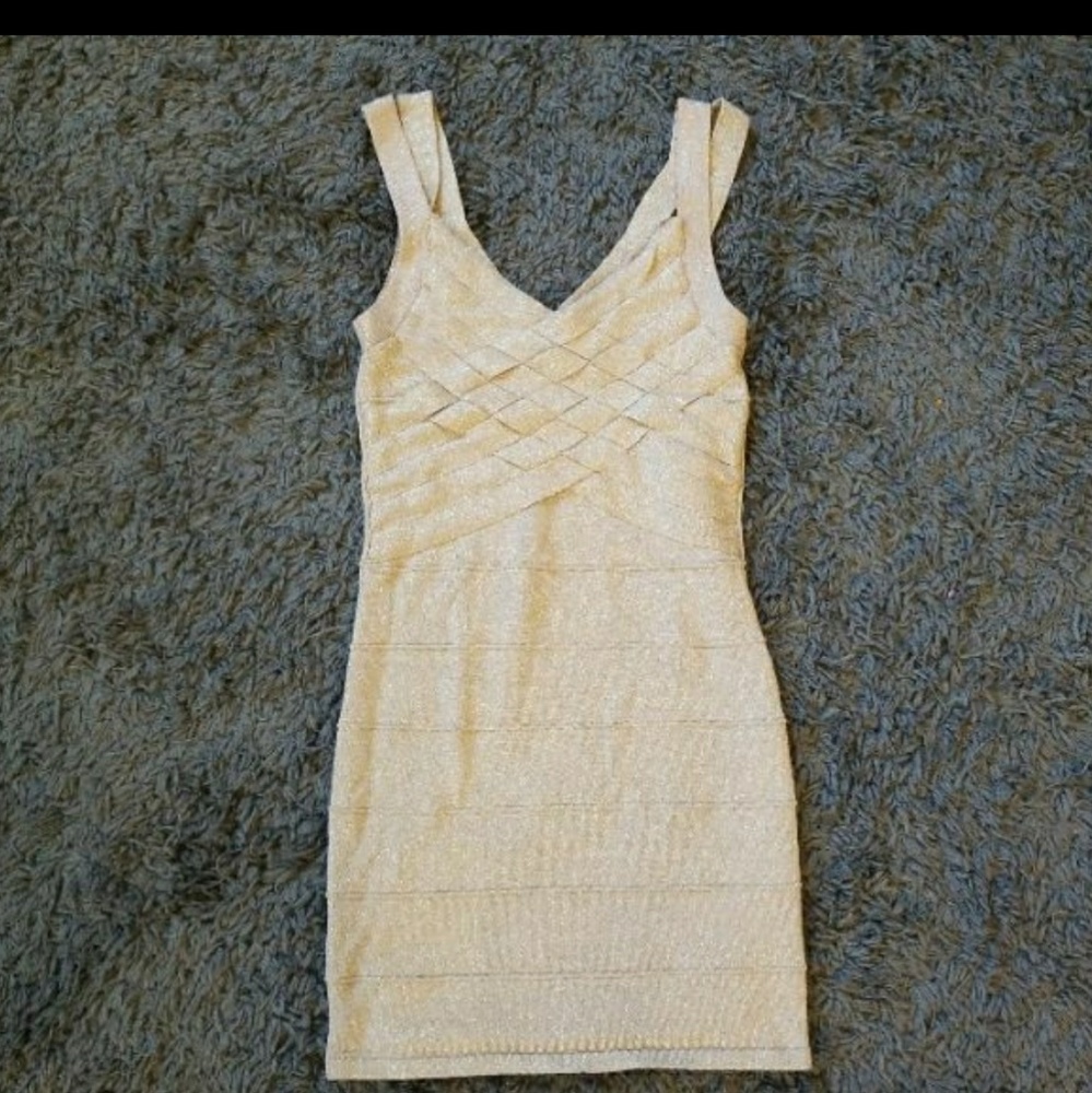 FORVER 21 NUDE & GOLD COCKTAIL DRESS, SMALL