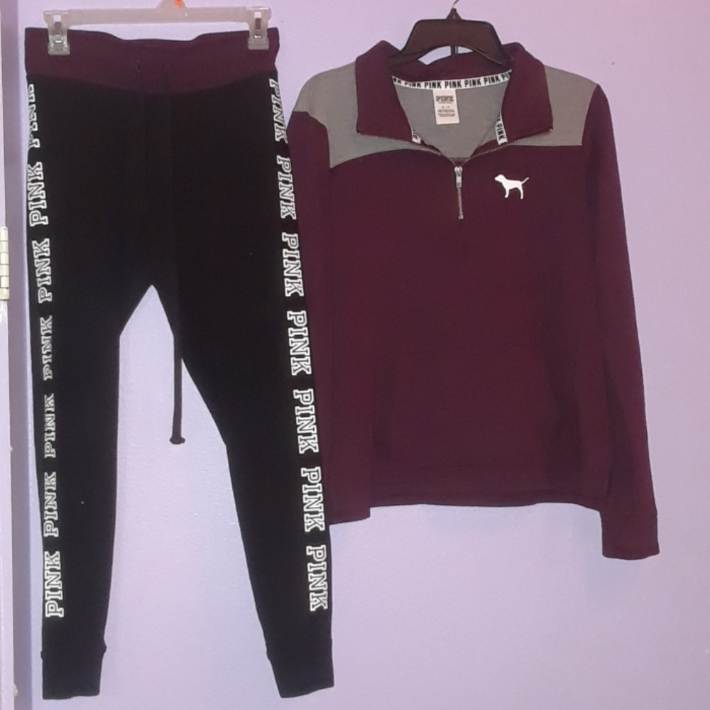 Pink leggings and sweetshirt varsity pullovers😍