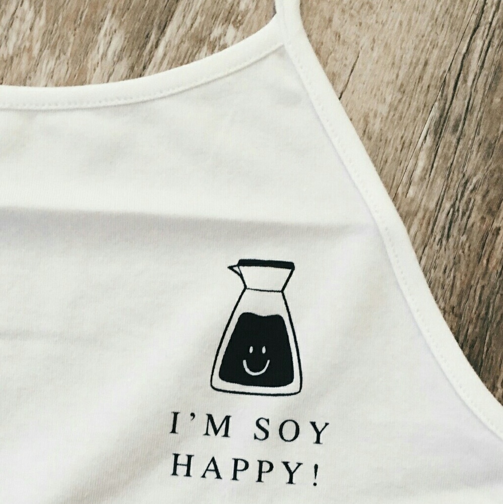 New "I'm Soy Happy" Strappy white Muscle tank