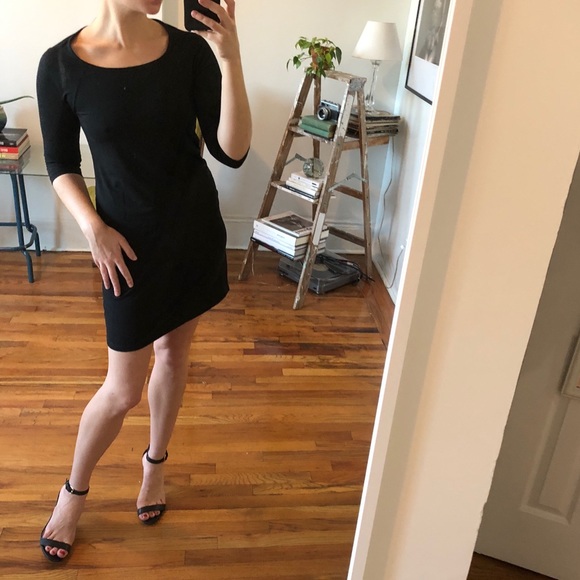 StyleMint Black Jersey Fitted 3/4 Sleeve Ballet Neck Mini Dress Small MK&A Olsen - Picture 9 of 15