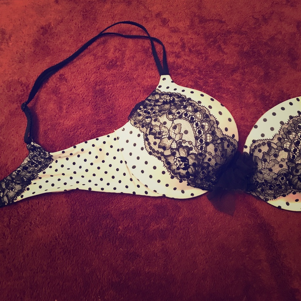 VS off white polka dot black lace bra