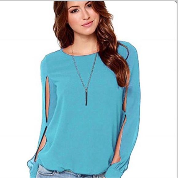 Boutique Tops - NWT Pretty Soft Blue Slit Sleeve Blouse