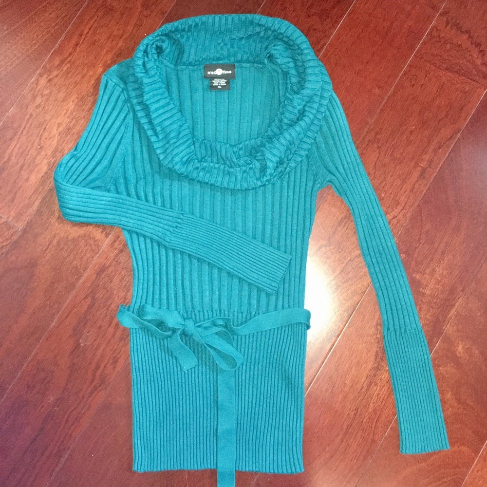 Cowl-neck, belted sweater