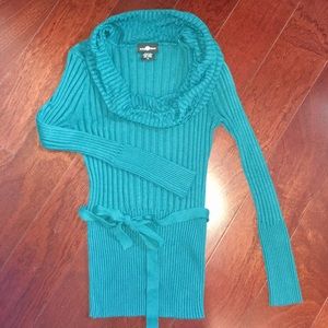 Cowl-neck, belted sweater
