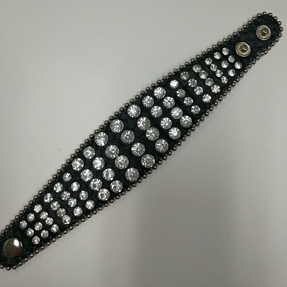 Black Genuine Leather Cuff Bling Bracelet