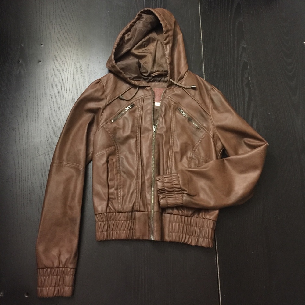 *FIRM! BROWN HOODED LEATHER STYLE JACKET