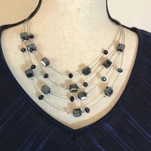 Black Square Beaded Silver Wire Necklace Earrings