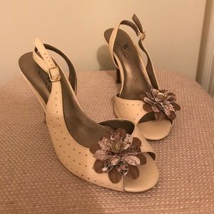 Sling back nude peep toe heels with floral detail