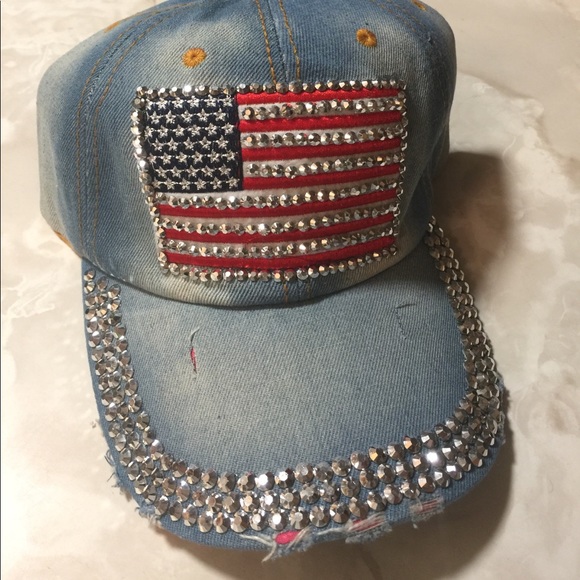 EIW Accessories - Bling American Flag Denim Jean Cap USA Hat